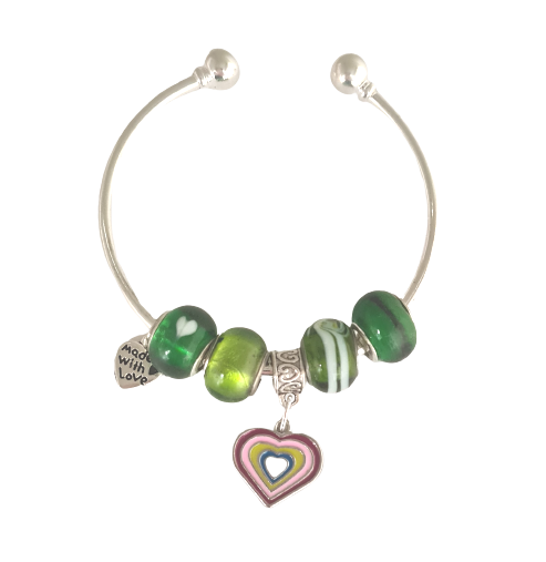 Ladies Solid Cuff bangle in Silver - Green glass beads